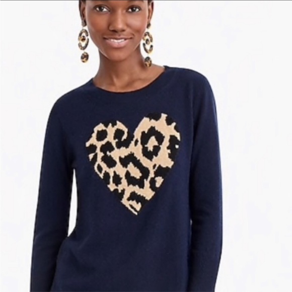 J. Crew Navy Leopard Heart Cashmere‎ Crewneck Sweater Size Extra Extra Small XXS - Picture 1 of 5